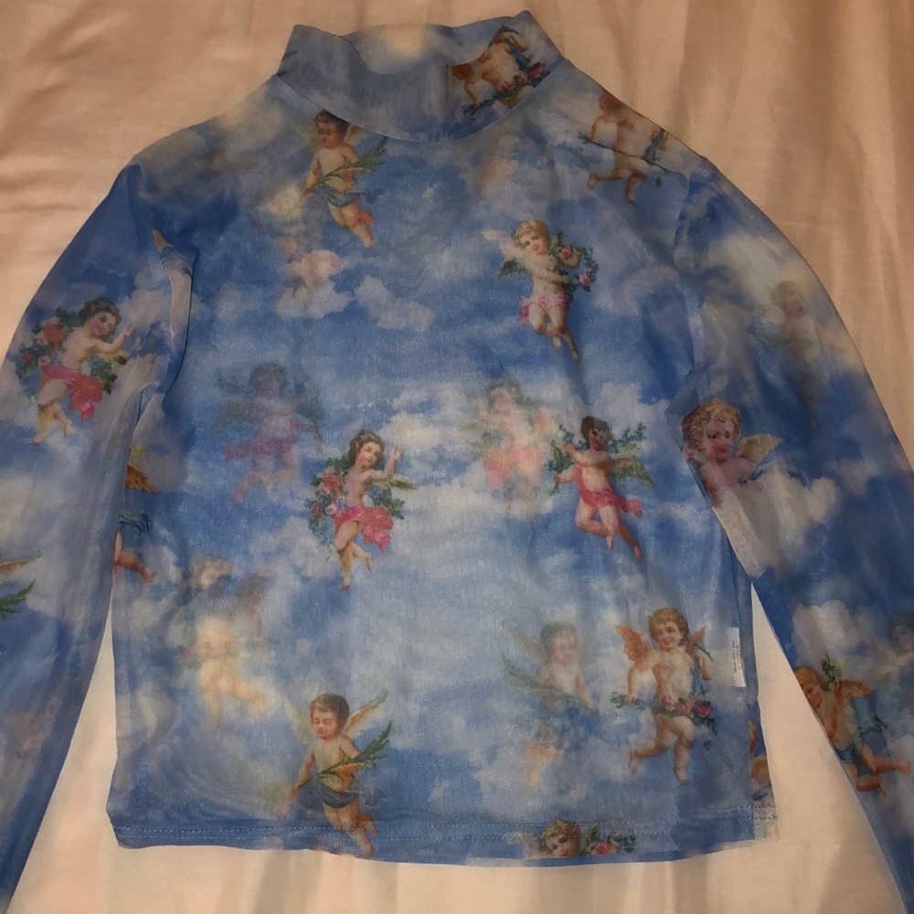 love angels printed mock neck sheer mesh top